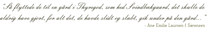 “Så flyttede de til en gård i Thyregod, som hed Svindbækgaard, det skulle de aldrig have gjort, for alt det, de havde slidt og slæbt, gik under på den gård...” - Ane Emilie Laursen f. Sørensen